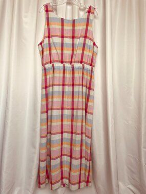 Pink Plaid LinenBlend TieBack Cottagecore Coastal Grandma Midi Dress Pockets XXL